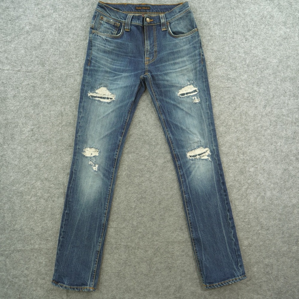 Nudie Jeans Mens 29 Blue Thin Finn Distressed Slim Straight Mid Rise